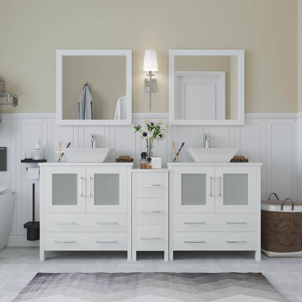 Vanity Art Ravenna 72 in. W Bathroom Vanity in White with Double Basin in White Engineered Marble Top and Mirrors