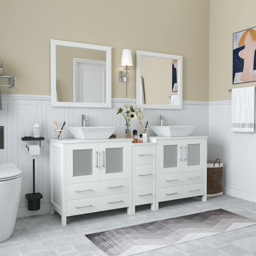 Vanity Art Ravenna 72 in. W Bathroom Vanity in White with Double Basin in White Engineered Marble Top and Mirrors