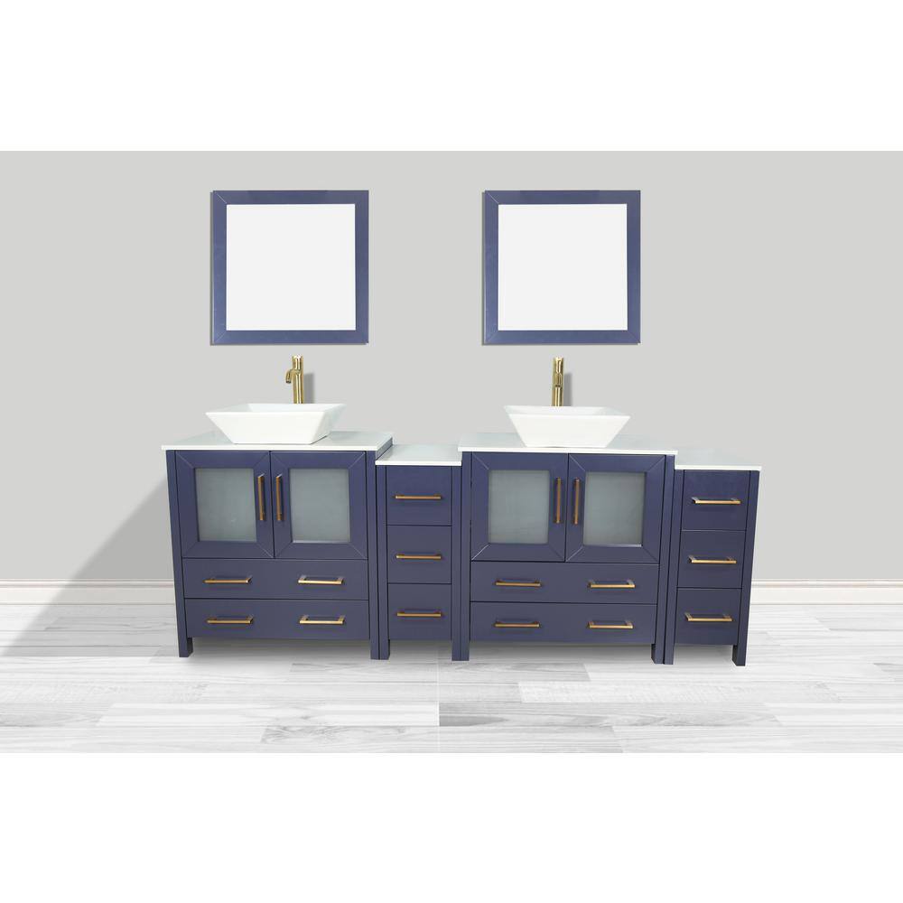 Vanity Art Ravenna 84 in. W Double Basin Bathroom Vanity in Blue with White Engineered Marble Top and Mirrors