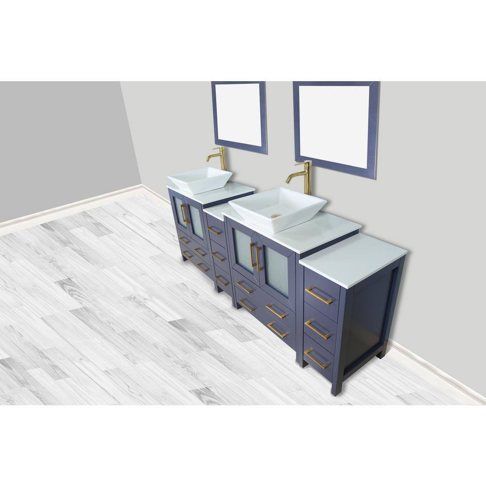 Vanity Art Ravenna 84 in. W Double Basin Bathroom Vanity in Blue with White Engineered Marble Top and Mirrors