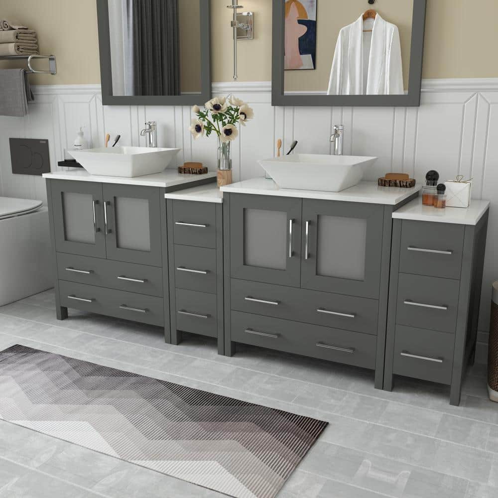 Vanity Art Ravenna 84 in. W Bathroom Vanity in Grey with Double Basin in White Engineered Marble Top and Mirrors