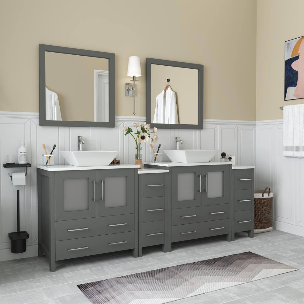 Vanity Art Ravenna 84 in. W Bathroom Vanity in Grey with Double Basin in White Engineered Marble Top and Mirrors