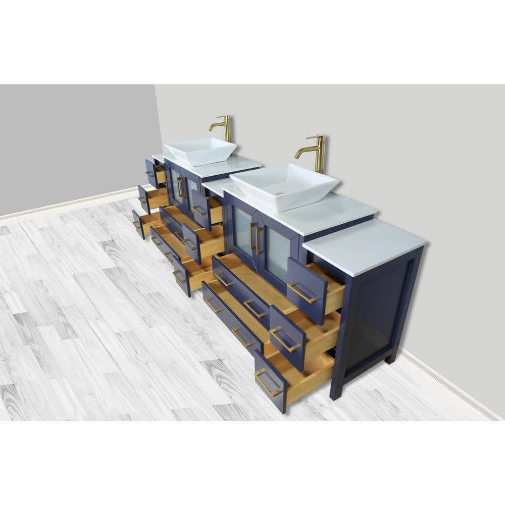 Vanity Art Ravenna 96 in. W Bathroom Vanity in Blue with Double Basin in White Engineered Marble Top and Mirrors