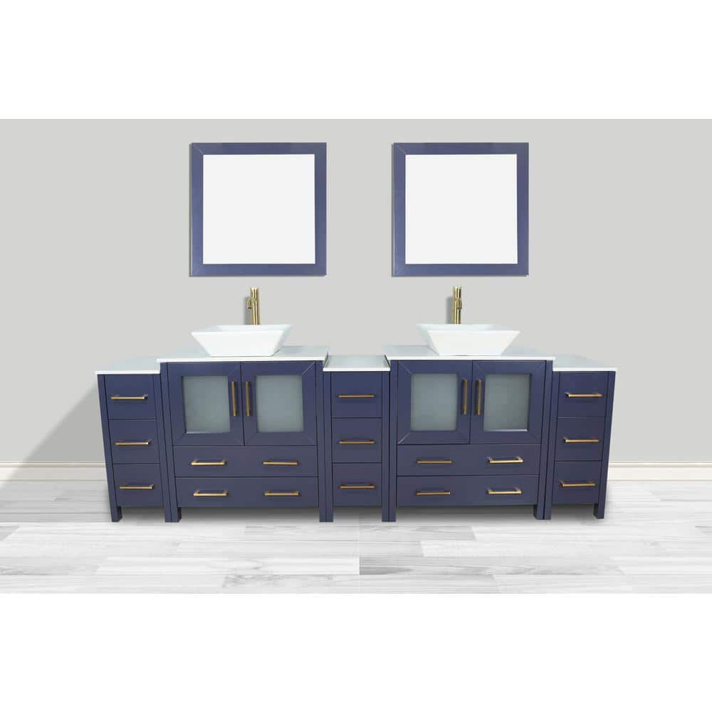 Vanity Art Ravenna 96 in. W Bathroom Vanity in Blue with Double Basin in White Engineered Marble Top and Mirrors
