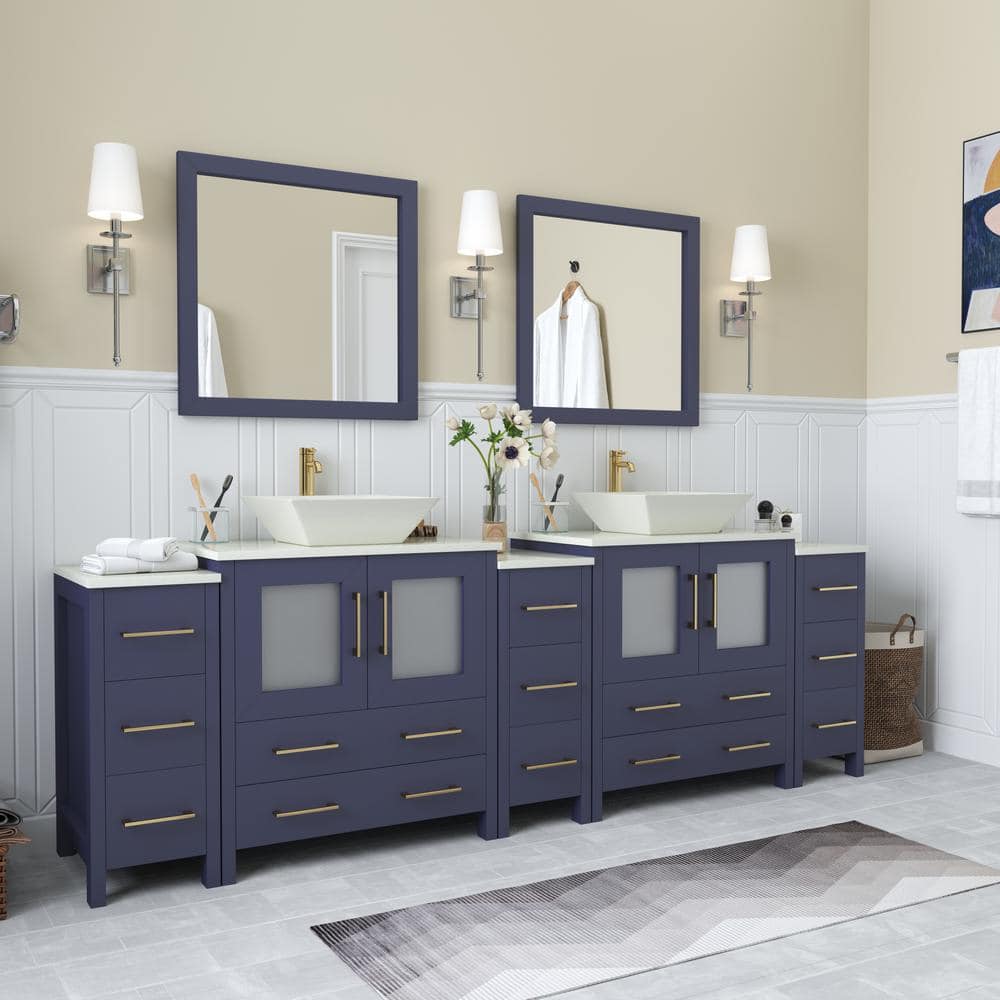 Vanity Art Ravenna 96 in. W Bathroom Vanity in Blue with Double Basin in White Engineered Marble Top and Mirrors