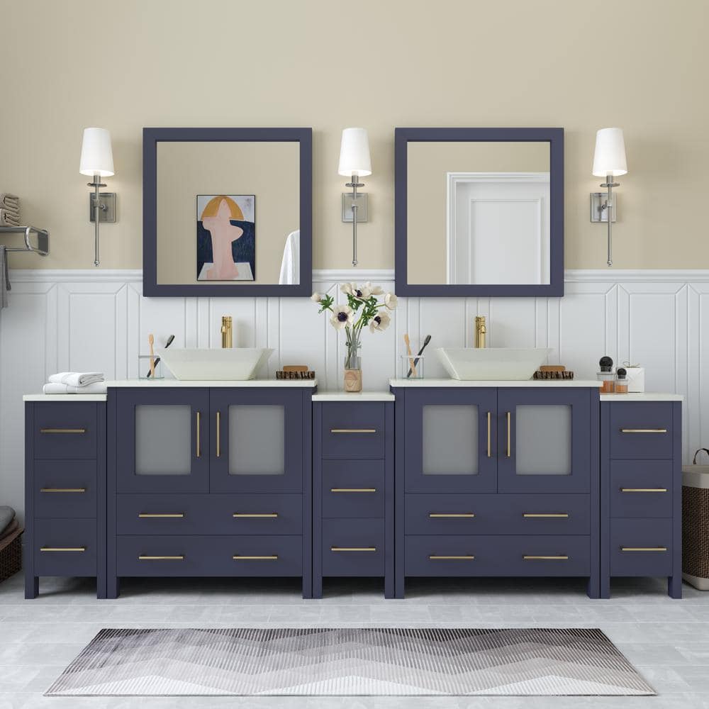 Vanity Art Ravenna 96 in. W Bathroom Vanity in Blue with Double Basin in White Engineered Marble Top and Mirrors