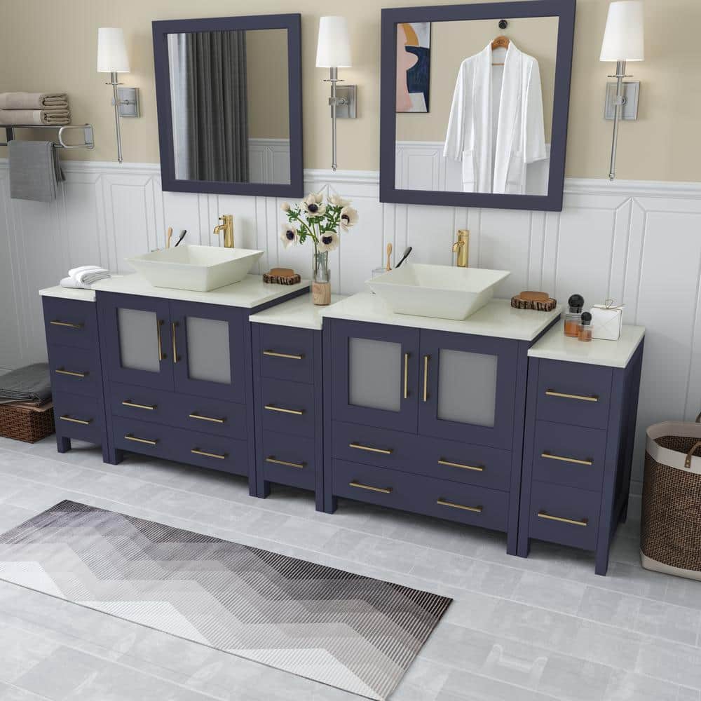 Vanity Art Ravenna 96 in. W Bathroom Vanity in Blue with Double Basin in White Engineered Marble Top and Mirrors