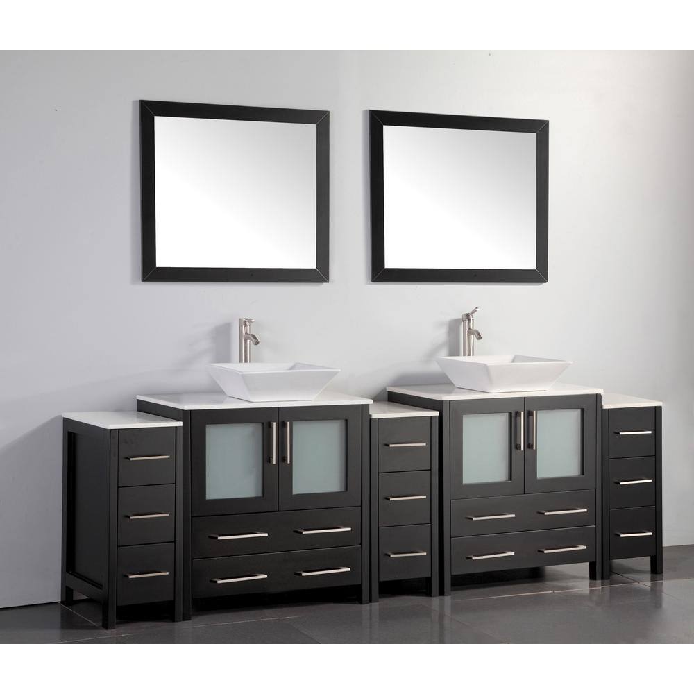 Vanity Art Ravenna 96 in. W Bathroom Vanity in Espresso with Double Basin in White Engineered Marble Top and Mirrors
