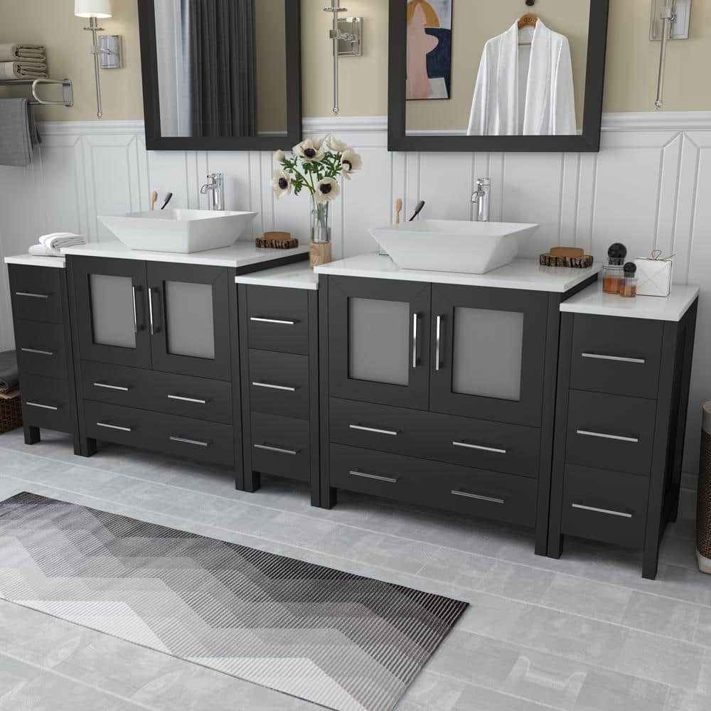 Vanity Art Ravenna 96 in. W Bathroom Vanity in Espresso with Double Basin in White Engineered Marble Top and Mirrors