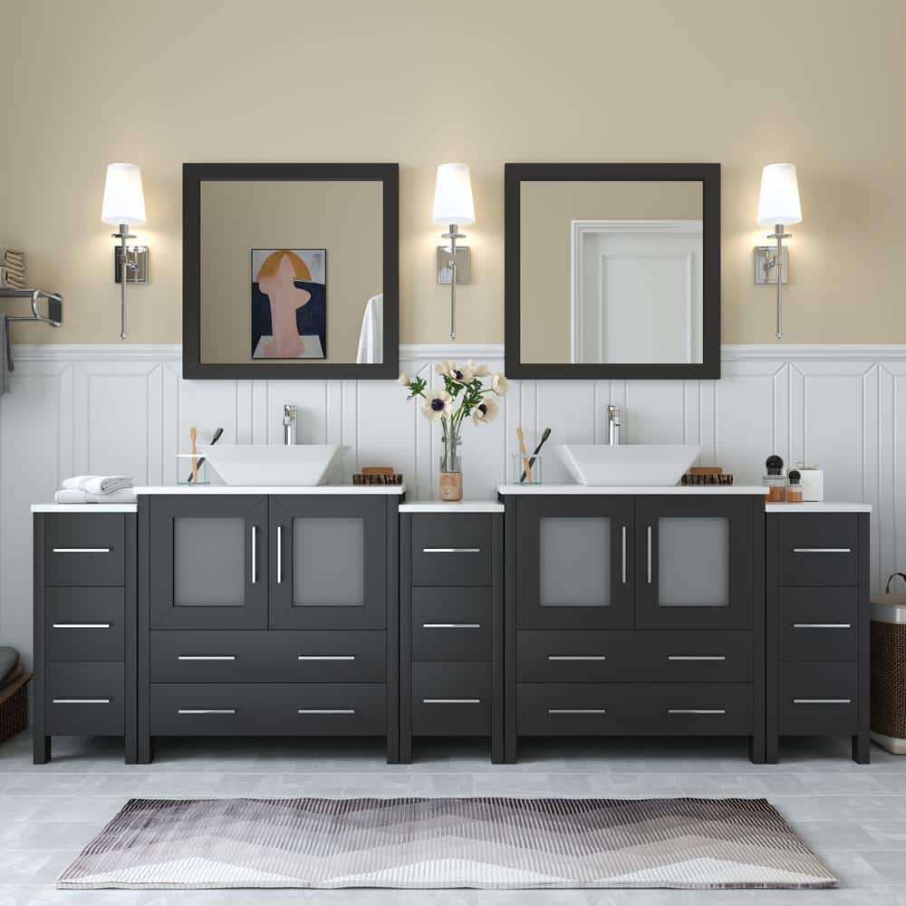 Vanity Art Ravenna 96 in. W Bathroom Vanity in Espresso with Double Basin in White Engineered Marble Top and Mirrors