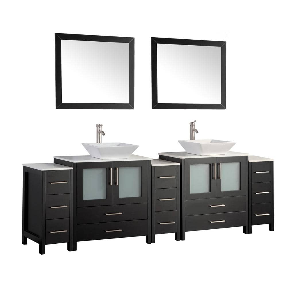 Vanity Art Ravenna 96 in. W Bathroom Vanity in Espresso with Double Basin in White Engineered Marble Top and Mirrors