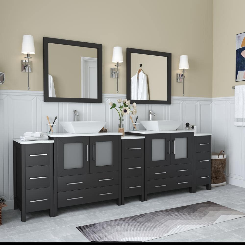 Vanity Art Ravenna 96 in. W Bathroom Vanity in Espresso with Double Basin in White Engineered Marble Top and Mirrors