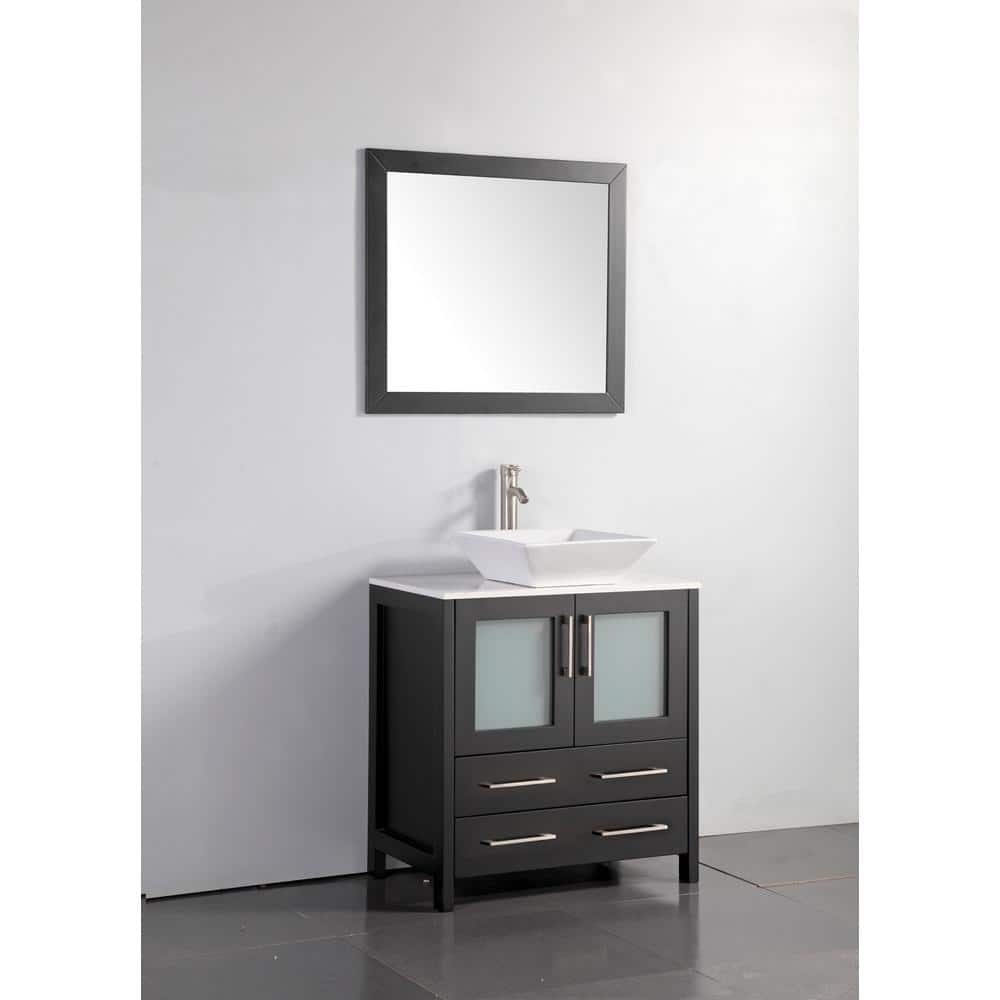 Vanity Art Ravenna 30 in. W Bathroom Vanity in Espresso with Single Basin in White Engineered Marble Top and Mirror