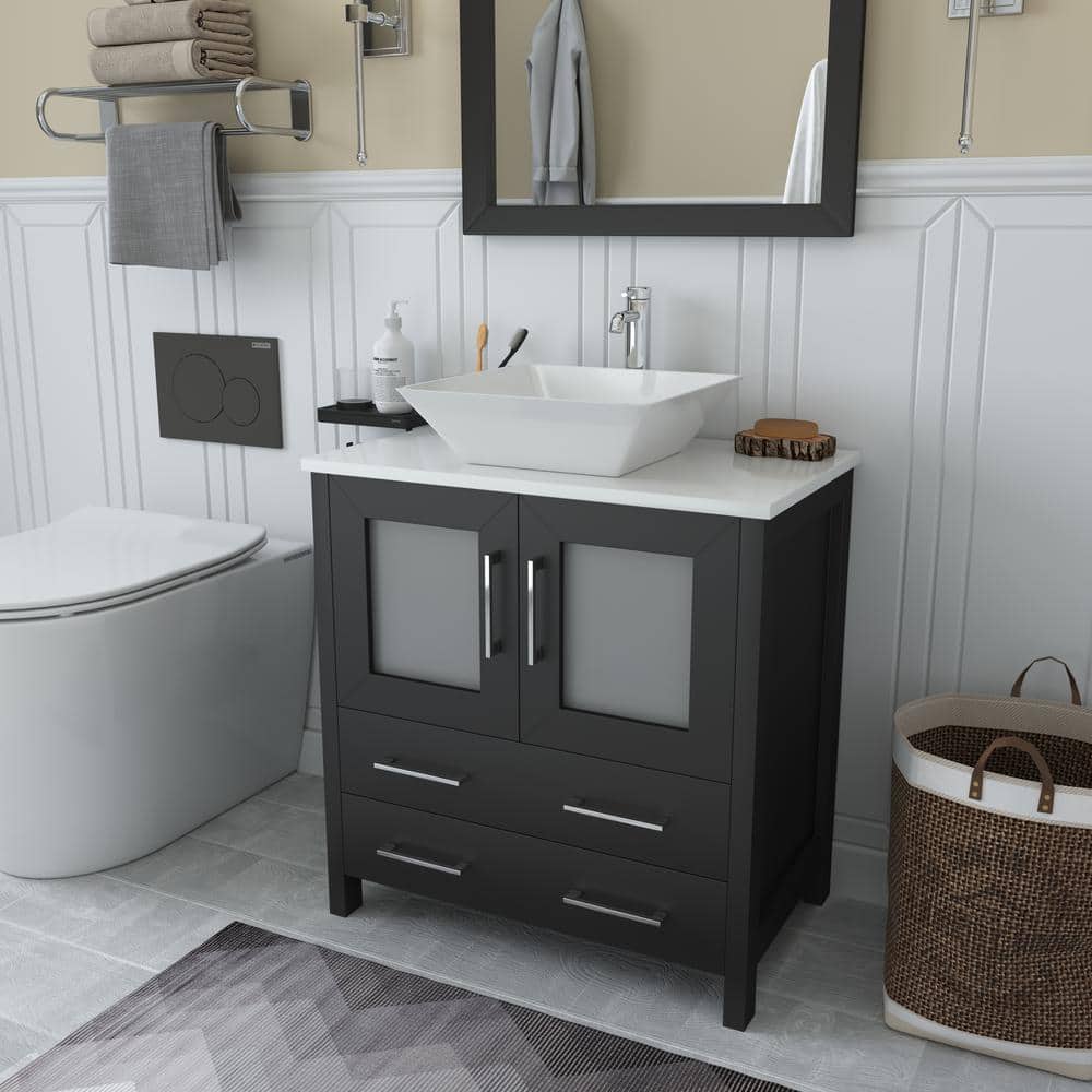 Vanity Art Ravenna 30 in. W Bathroom Vanity in Espresso with Single Basin in White Engineered Marble Top and Mirror