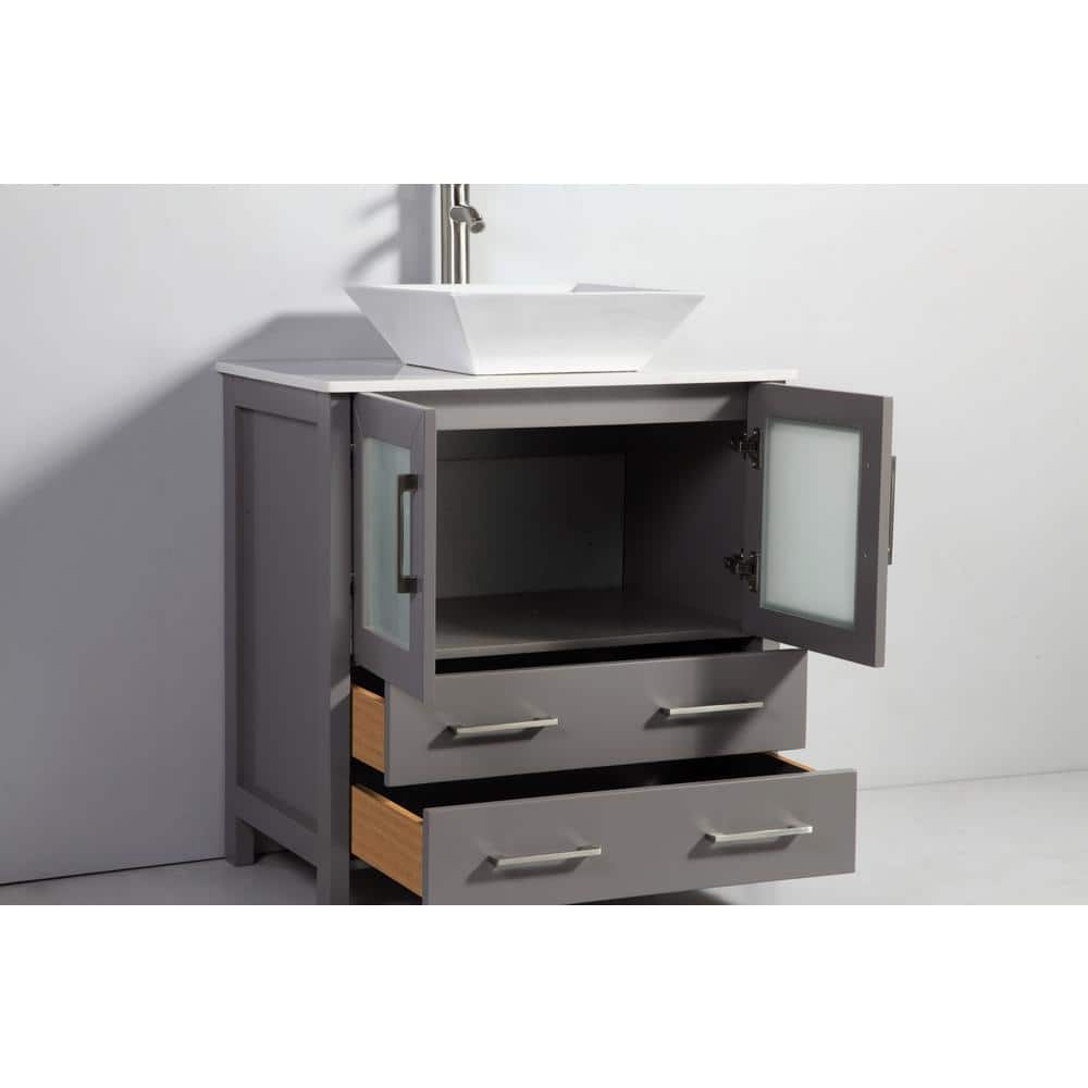 Vanity Art Ravenna 30 in. W Bathroom Vanity in Grey with Single Basin in White Engineered Marble Top and Mirror