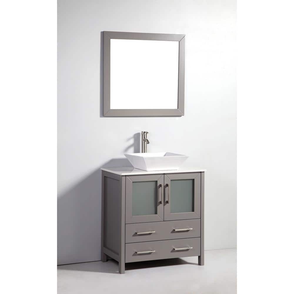 Vanity Art Ravenna 30 in. W Bathroom Vanity in Grey with Single Basin in White Engineered Marble Top and Mirror
