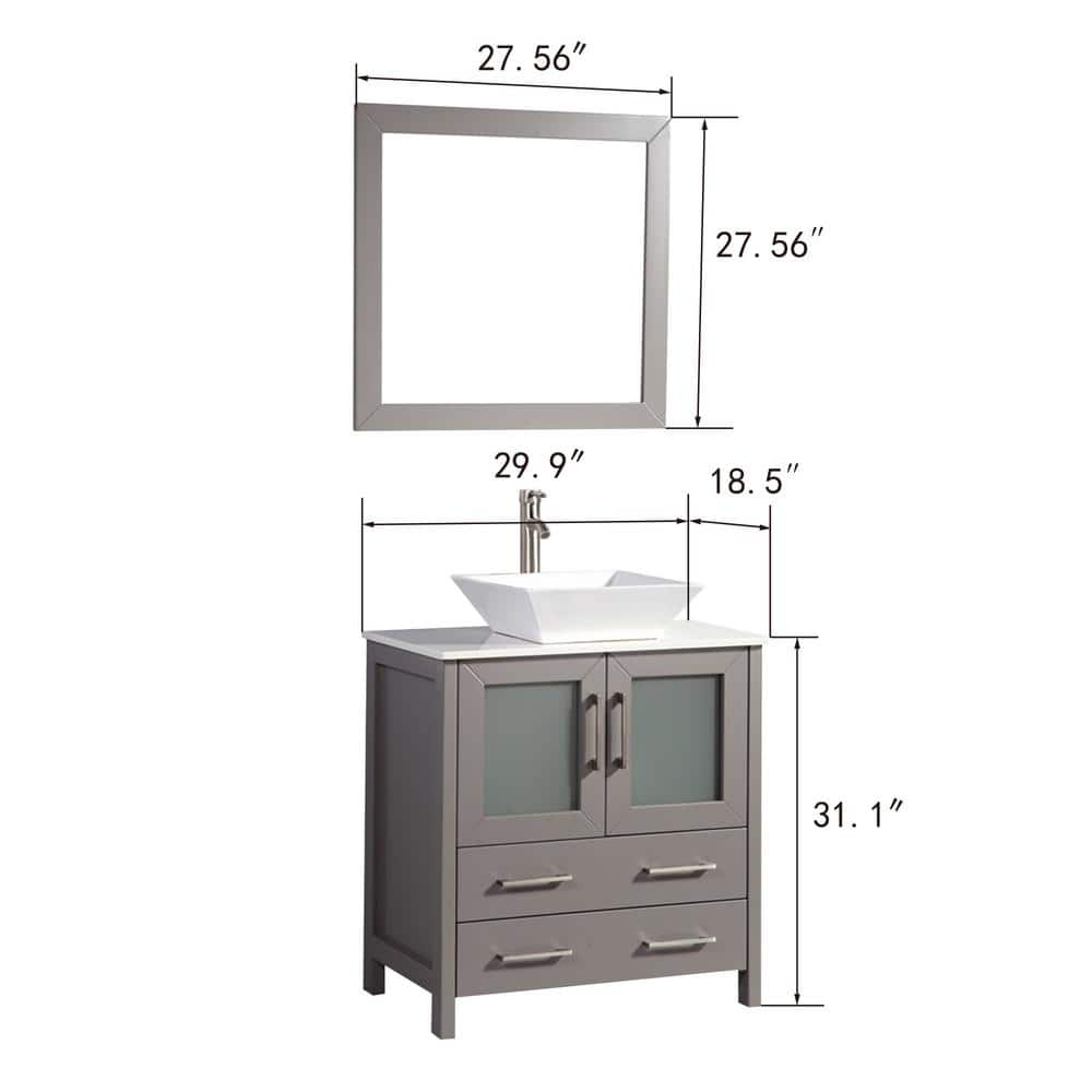 Vanity Art Ravenna 30 in. W Bathroom Vanity in Grey with Single Basin in White Engineered Marble Top and Mirror