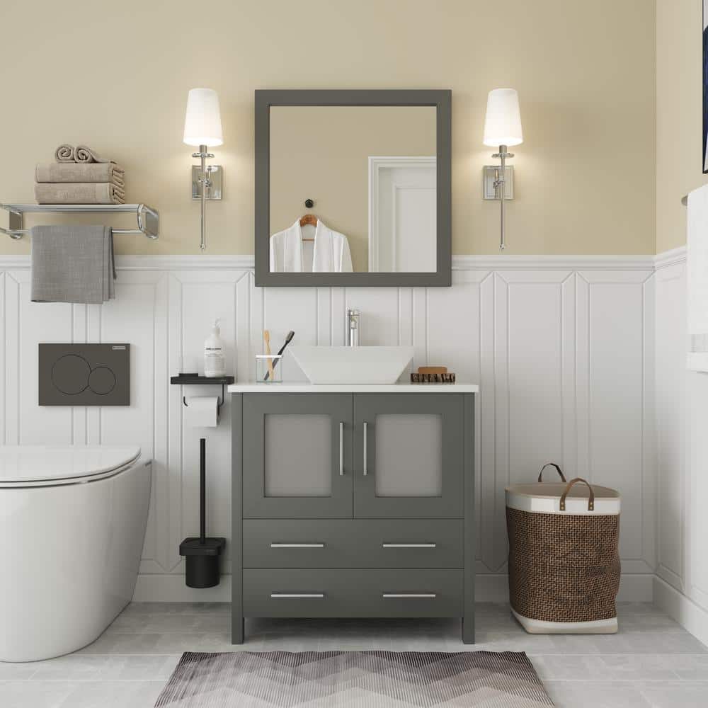 Vanity Art Ravenna 30 in. W Bathroom Vanity in Grey with Single Basin in White Engineered Marble Top and Mirror