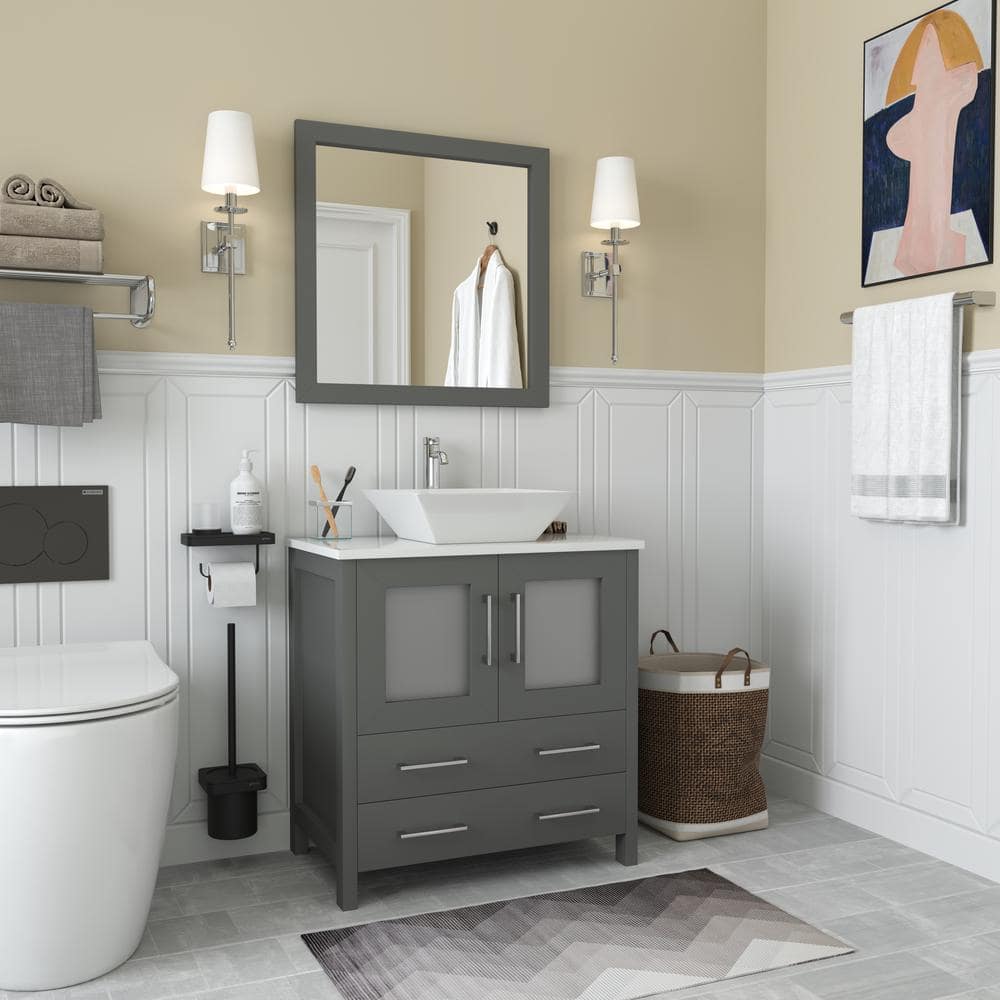 Vanity Art Ravenna 30 in. W Bathroom Vanity in Grey with Single Basin in White Engineered Marble Top and Mirror