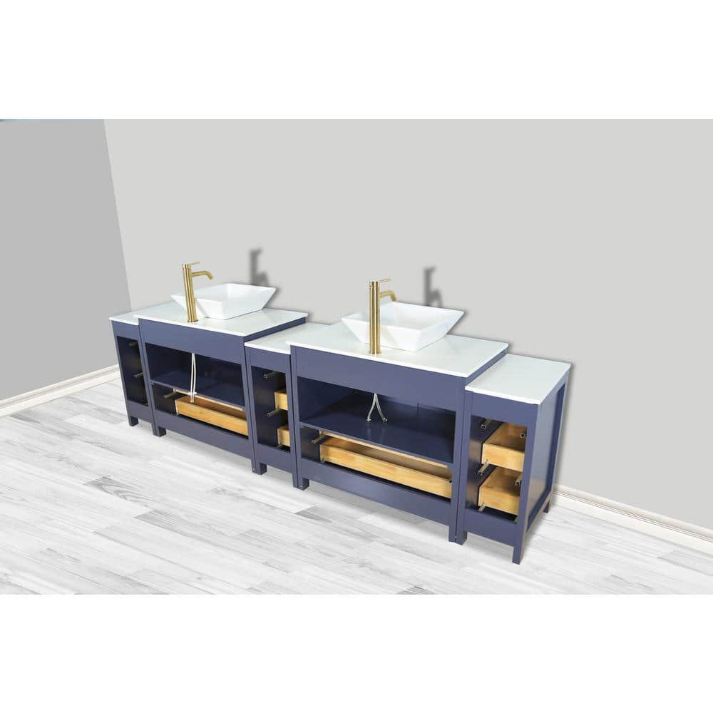 Vanity Art Ravenna 108 in. W Double Basin Bathroom Vanity in Blue with White Engineered Marble Top and Mirror