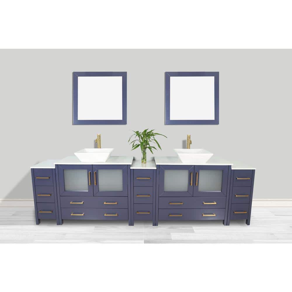 Vanity Art Ravenna 108 in. W Double Basin Bathroom Vanity in Blue with White Engineered Marble Top and Mirror