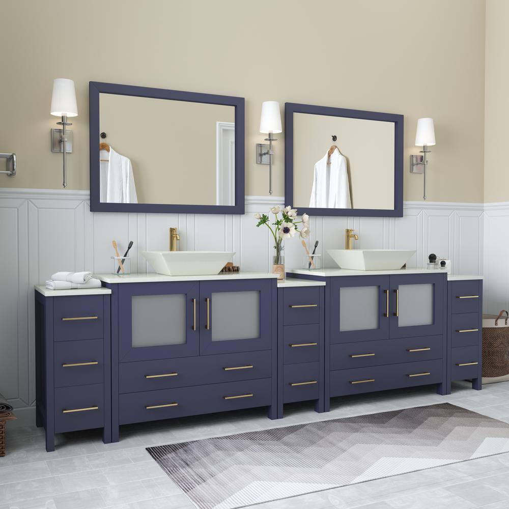 Vanity Art Ravenna 108 in. W Double Basin Bathroom Vanity in Blue with White Engineered Marble Top and Mirror