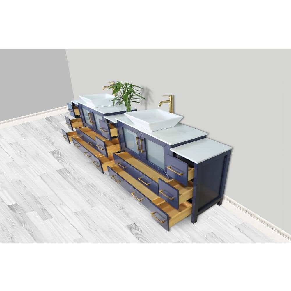 Vanity Art Ravenna 108 in. W Double Basin Bathroom Vanity in Blue with White Engineered Marble Top and Mirror