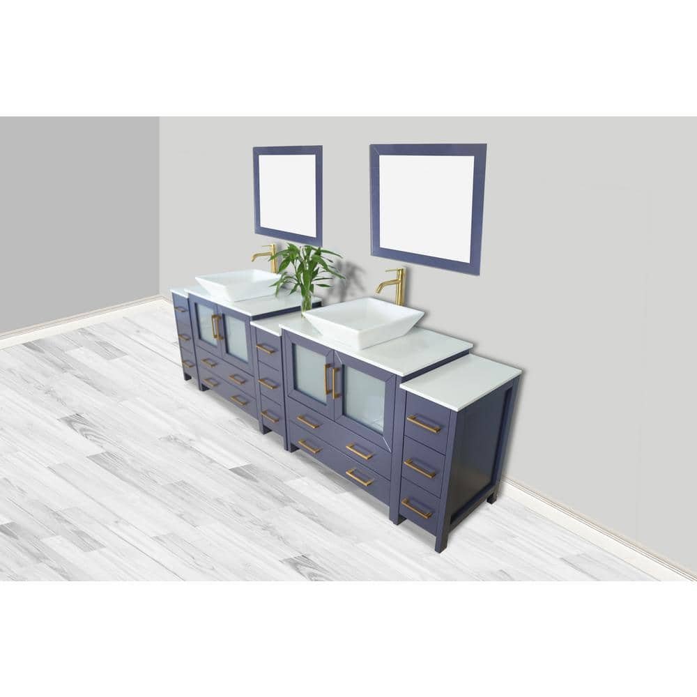 Vanity Art Ravenna 108 in. W Double Basin Bathroom Vanity in Blue with White Engineered Marble Top and Mirror