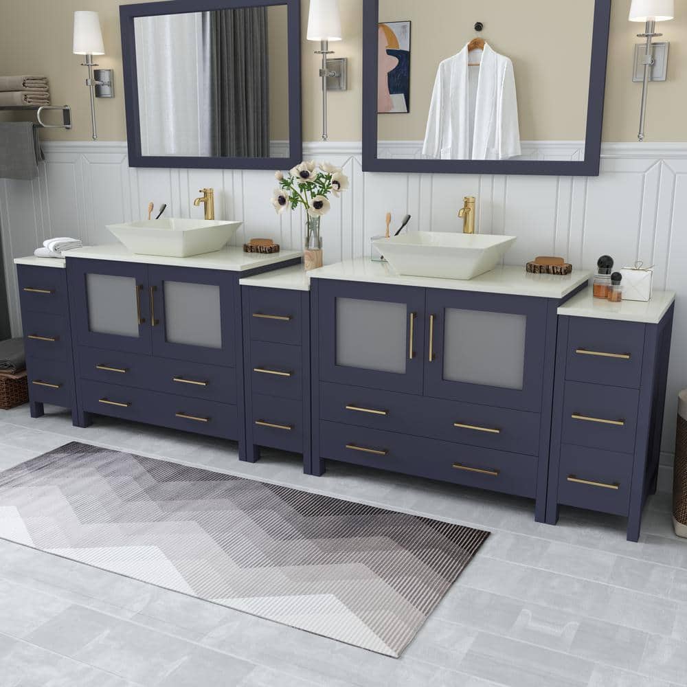 Vanity Art Ravenna 108 in. W Double Basin Bathroom Vanity in Blue with White Engineered Marble Top and Mirror