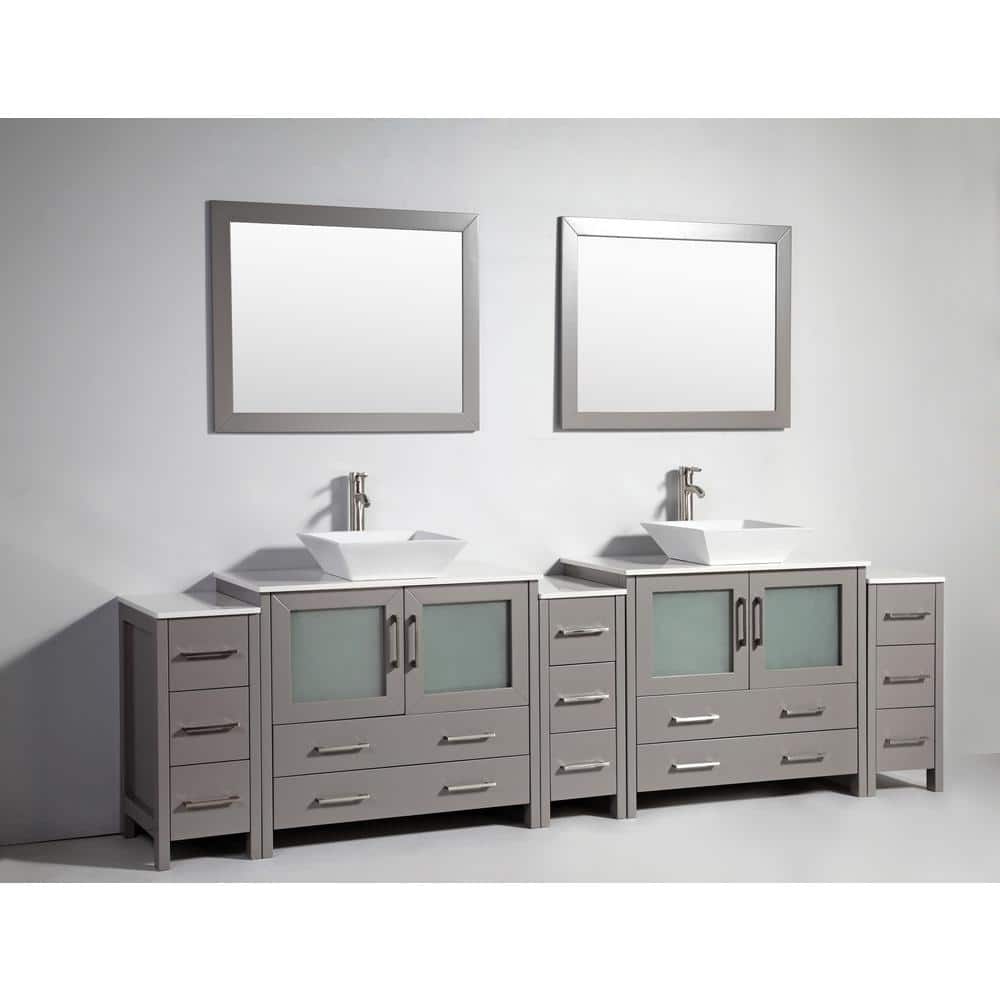 Vanity Art Ravenna 108 in. W Bathroom Vanity in Grey with Double Basin in White Engineered Marble Top and Mirrors