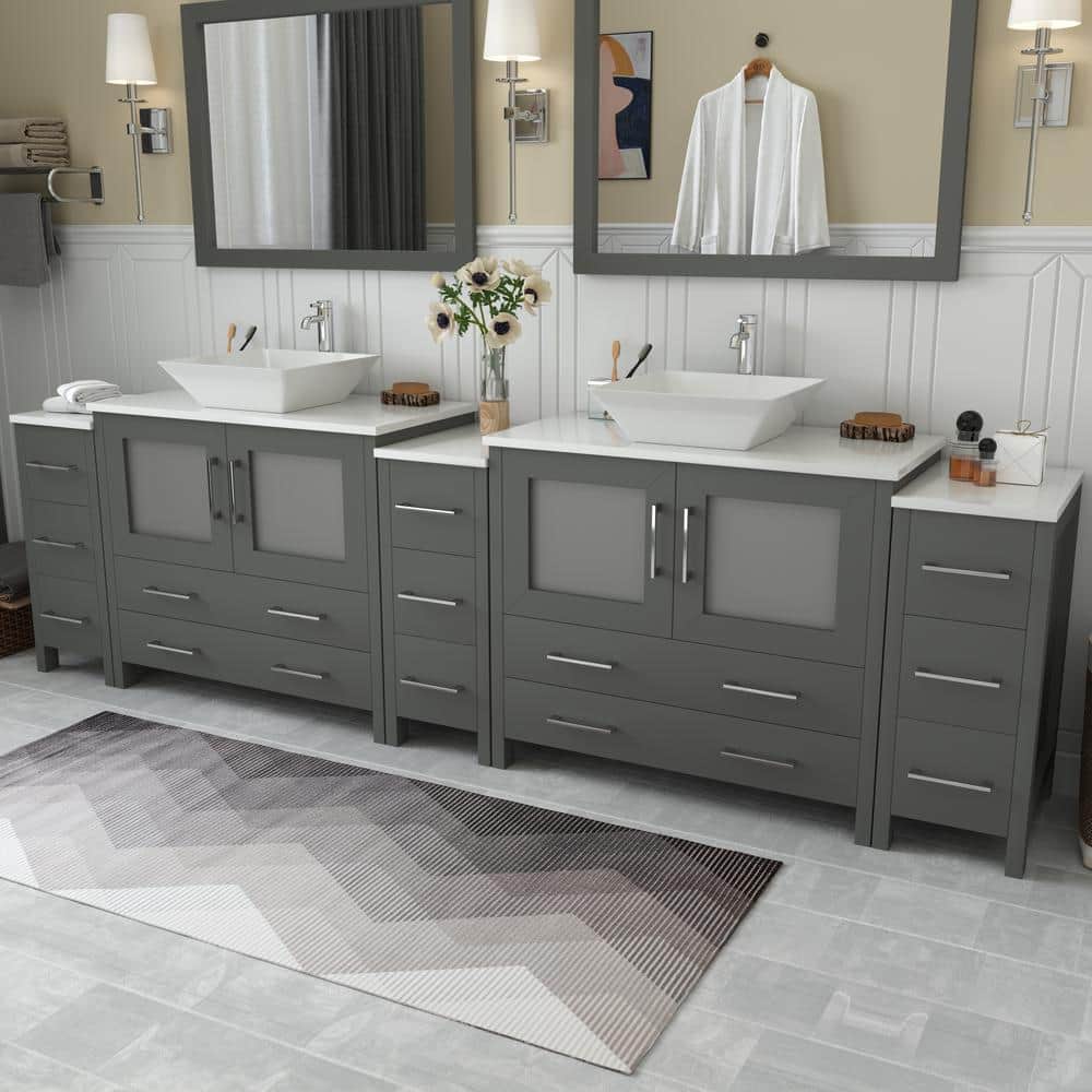 Vanity Art Ravenna 108 in. W Bathroom Vanity in Grey with Double Basin in White Engineered Marble Top and Mirrors