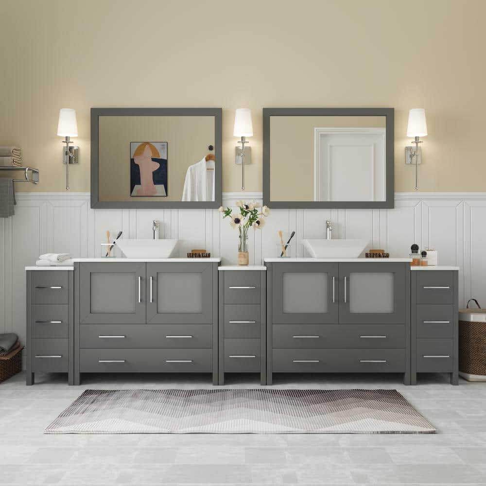 Vanity Art Ravenna 108 in. W Bathroom Vanity in Grey with Double Basin in White Engineered Marble Top and Mirrors