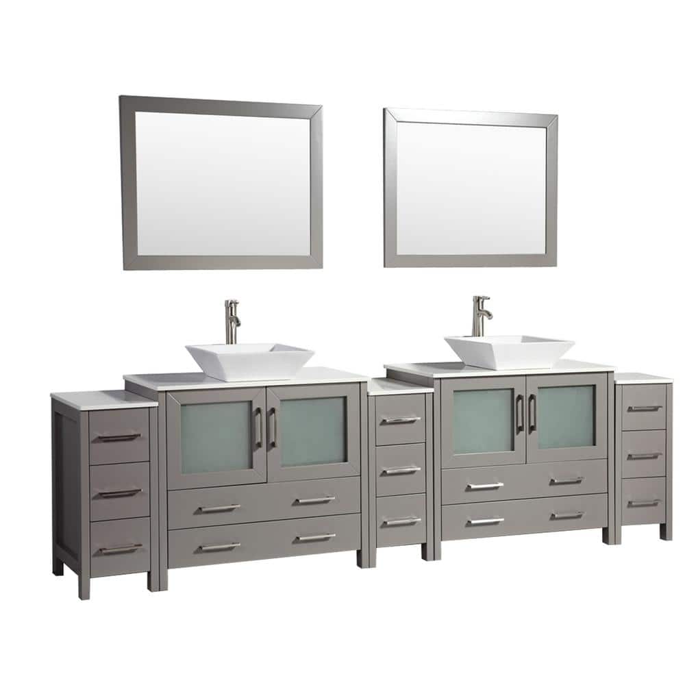 Vanity Art Ravenna 108 in. W Bathroom Vanity in Grey with Double Basin in White Engineered Marble Top and Mirrors