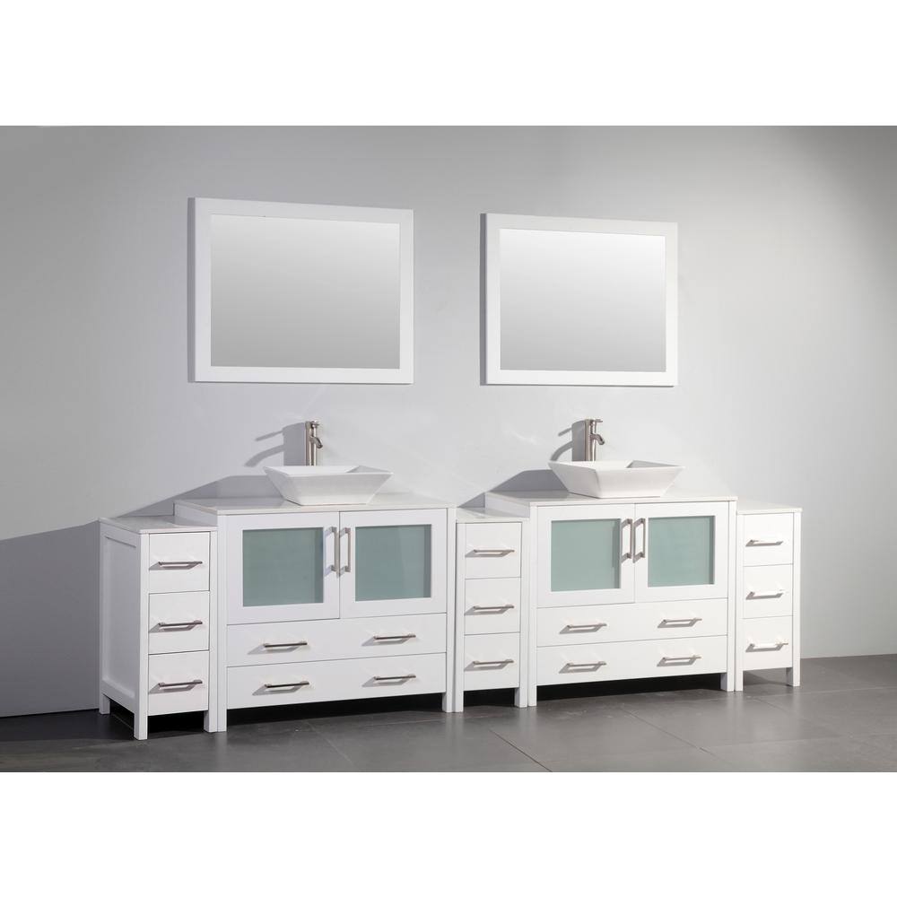 Vanity Art Ravenna 108 in. W Bathroom Vanity in White with Double Basin in White Engineered Marble Top and Mirrors