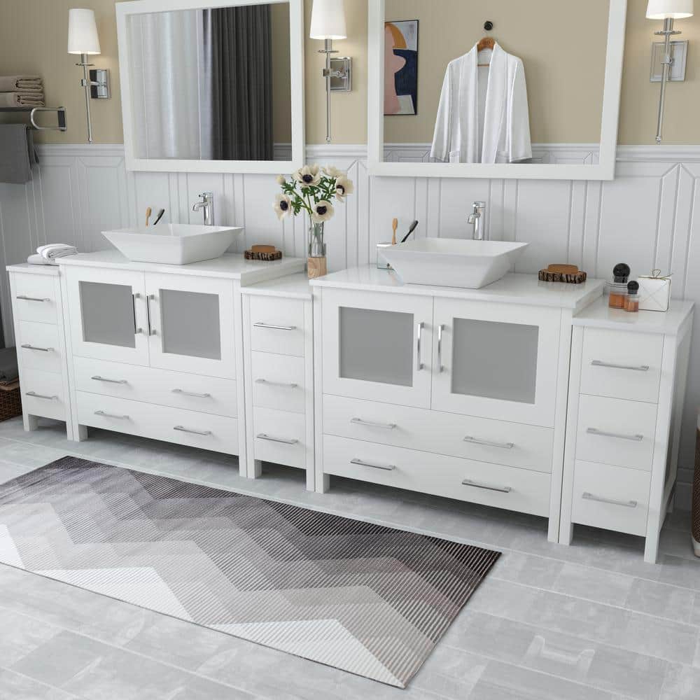 Vanity Art Ravenna 108 in. W Bathroom Vanity in White with Double Basin in White Engineered Marble Top and Mirrors