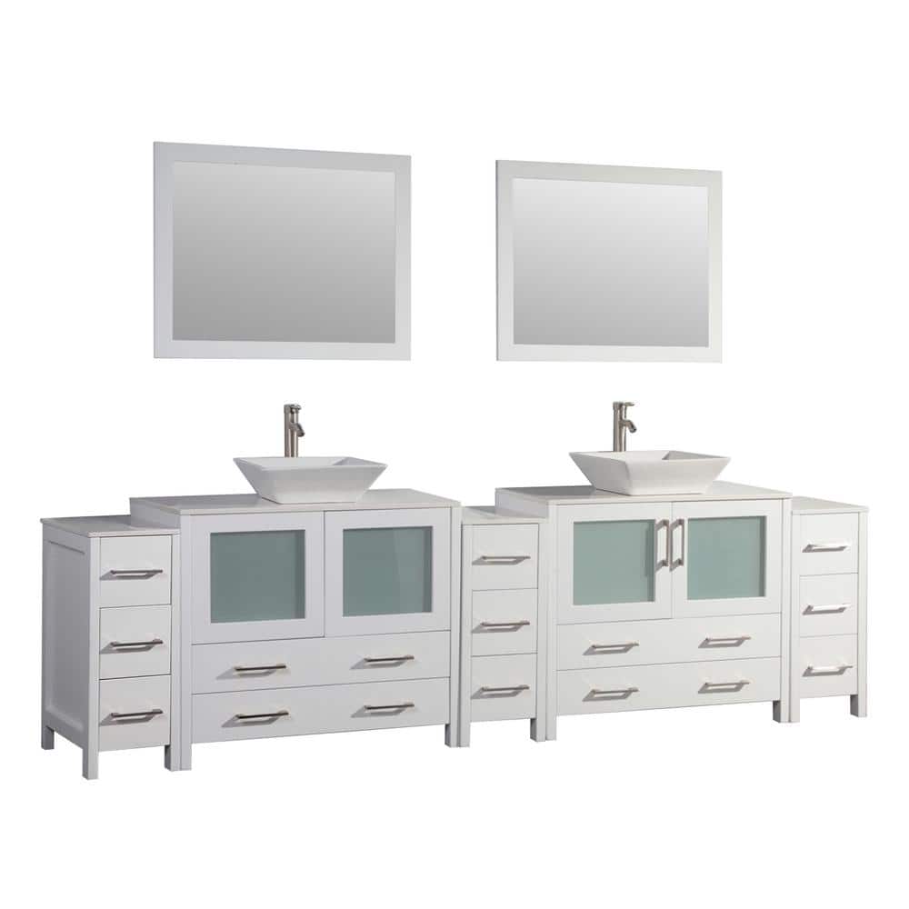 Vanity Art Ravenna 108 in. W Bathroom Vanity in White with Double Basin in White Engineered Marble Top and Mirrors