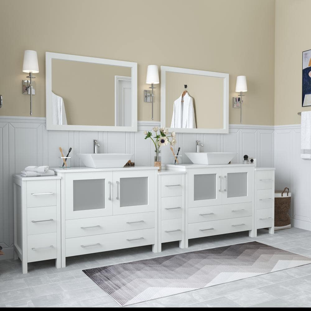 Vanity Art Ravenna 108 in. W Bathroom Vanity in White with Double Basin in White Engineered Marble Top and Mirrors