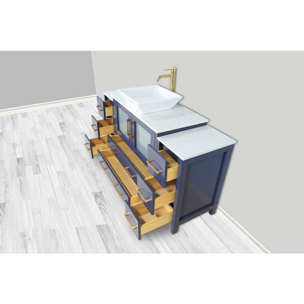 Vanity Art Ravenna 60 in. W Single Basin Bathroom Vanity in Blue with White Engineered Marble Top and Mirror