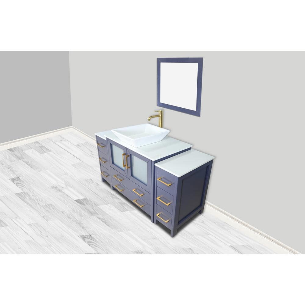 Vanity Art Ravenna 60 in. W Single Basin Bathroom Vanity in Blue with White Engineered Marble Top and Mirror