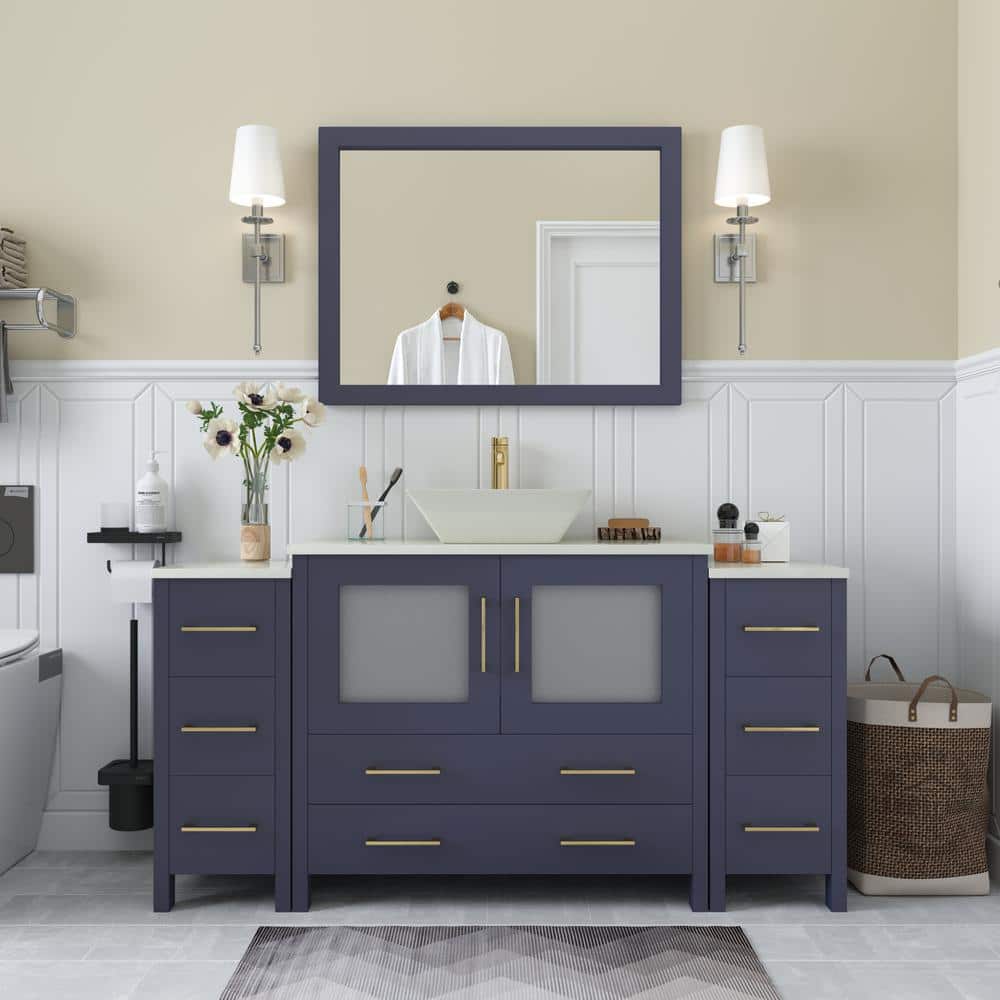 Vanity Art Ravenna 60 in. W Single Basin Bathroom Vanity in Blue with White Engineered Marble Top and Mirror