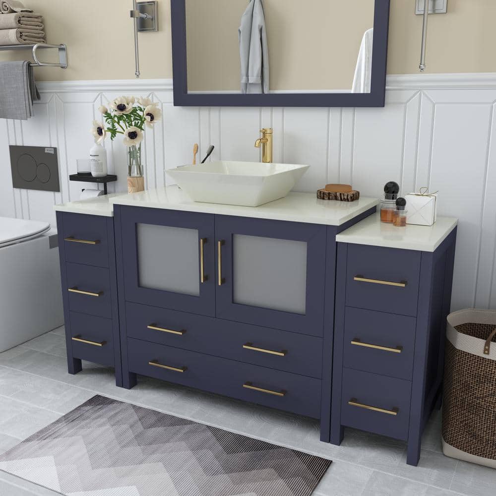 Vanity Art Ravenna 60 in. W Single Basin Bathroom Vanity in Blue with White Engineered Marble Top and Mirror