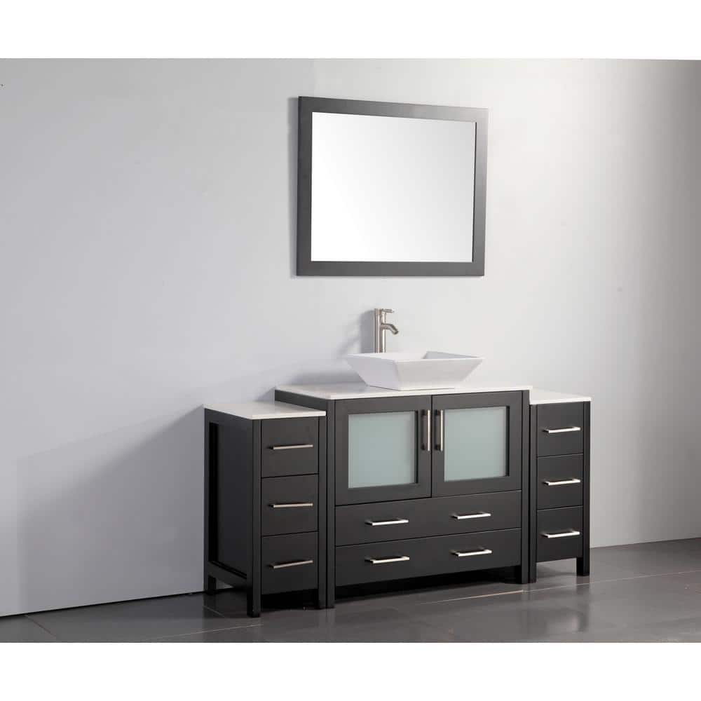 Vanity Art Ravenna 60 in. W Bathroom Vanity in Espresso with Single Basin in White Engineered Marble Top and Mirror