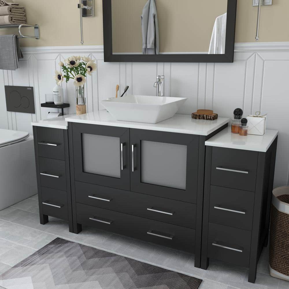 Vanity Art Ravenna 60 in. W Bathroom Vanity in Espresso with Single Basin in White Engineered Marble Top and Mirror
