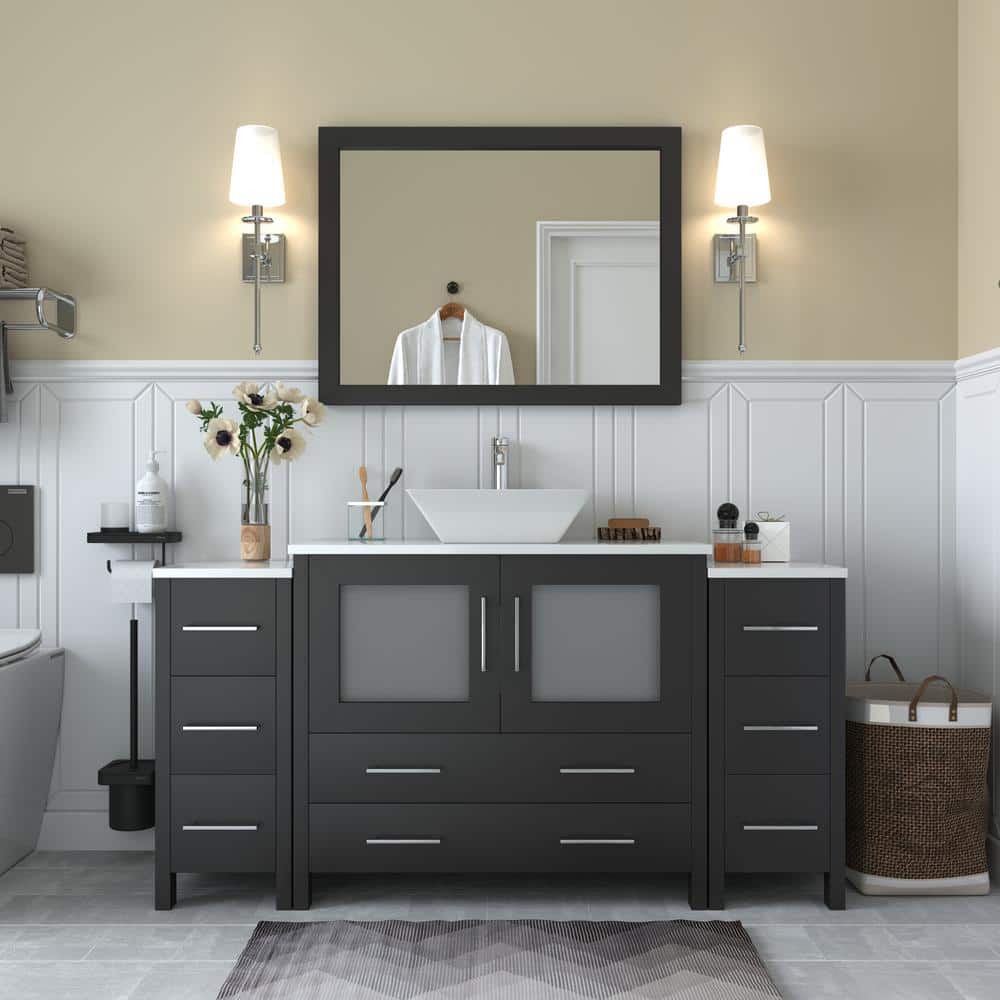 Vanity Art Ravenna 60 in. W Bathroom Vanity in Espresso with Single Basin in White Engineered Marble Top and Mirror