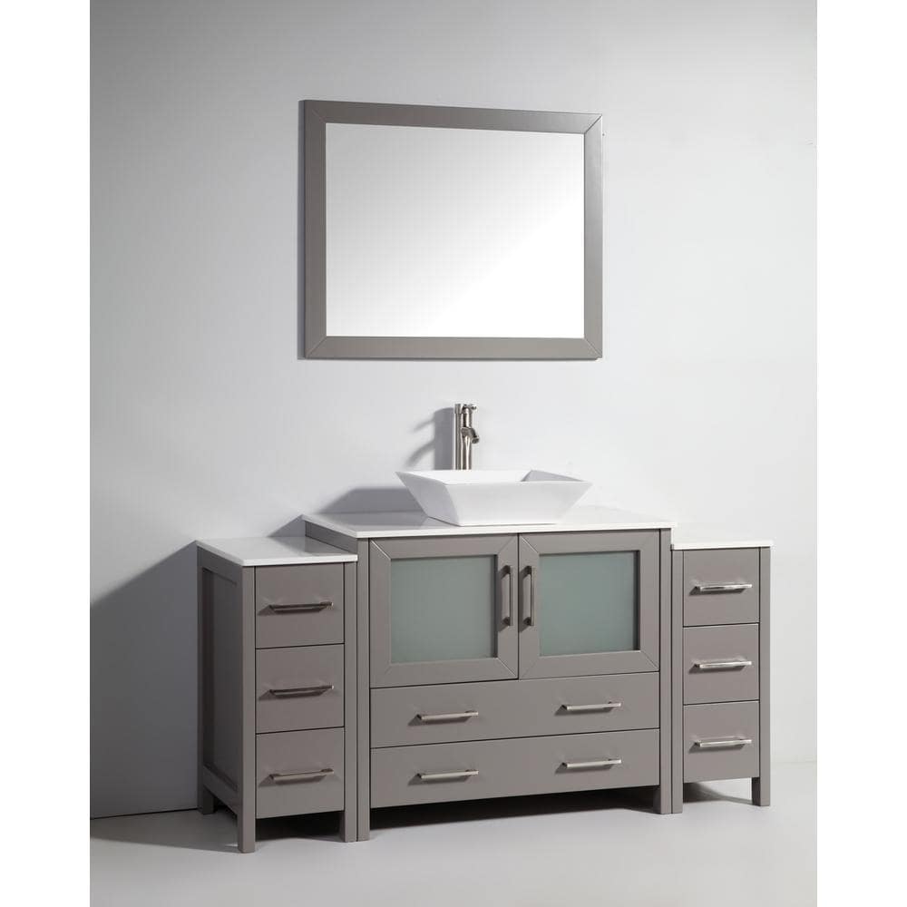 Vanity Art Ravenna 60 in. W Bathroom Vanity in Grey with Single Basin in White Engineered Marble Top and Mirror
