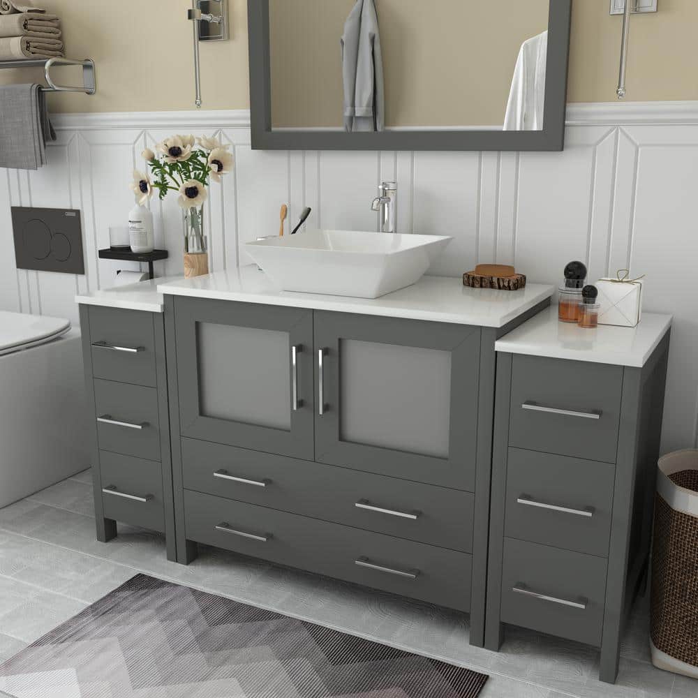 Vanity Art Ravenna 60 in. W Bathroom Vanity in Grey with Single Basin in White Engineered Marble Top and Mirror