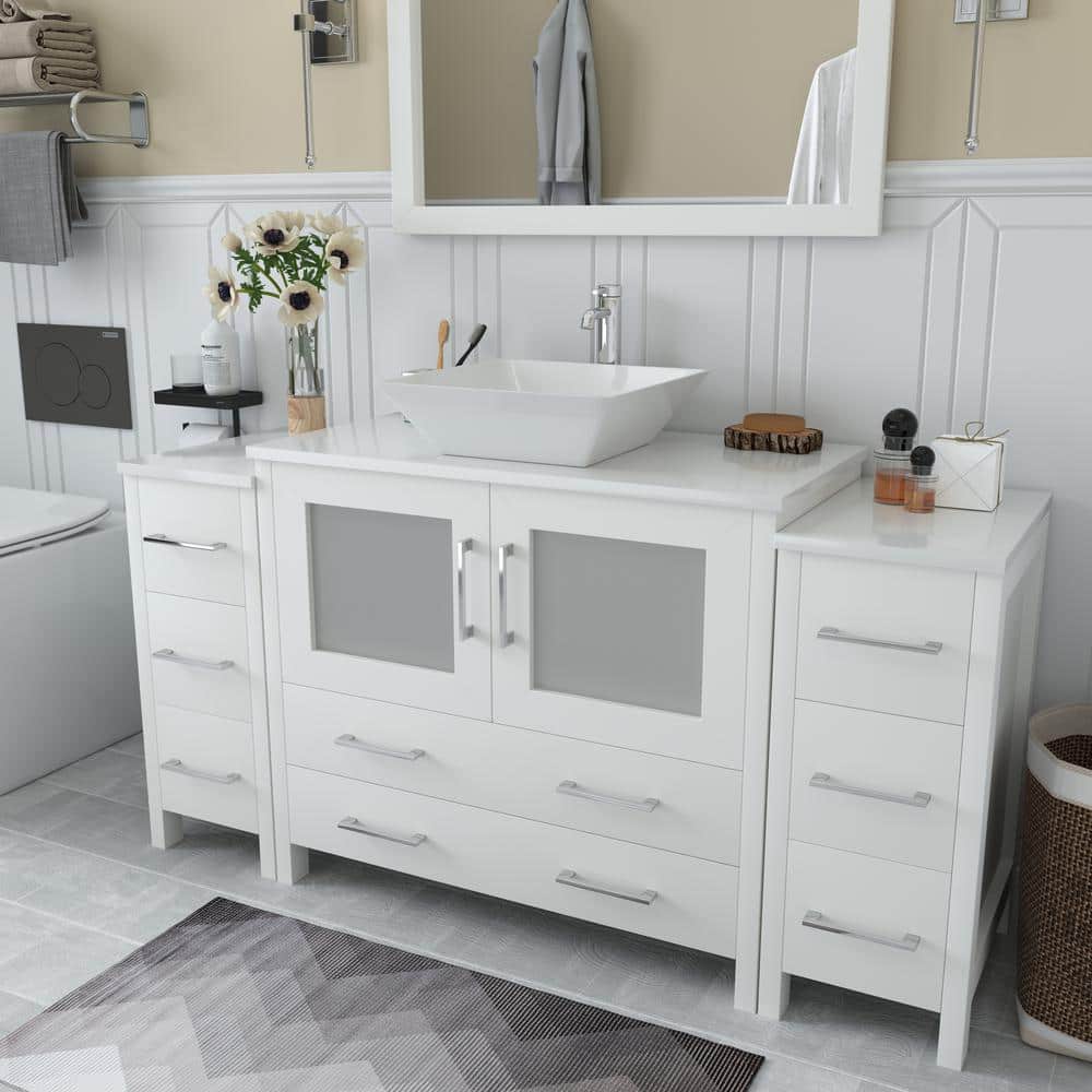 Vanity Art Ravenna 60 in. W Bathroom Vanity in White with Single Basin in White Engineered Marble Top and Mirror