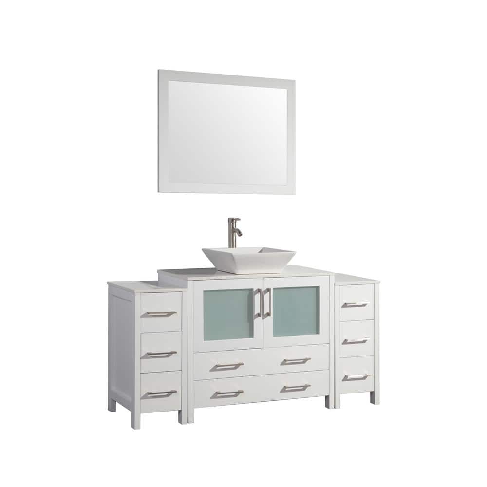 Vanity Art Ravenna 60 in. W Bathroom Vanity in White with Single Basin in White Engineered Marble Top and Mirror