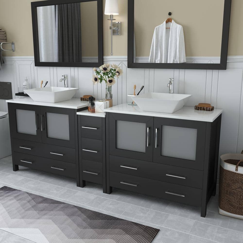 Vanity Art Ravenna 84 in. W Bathroom Vanity in Espresso with Double Basin in White Engineered Marble Top and Mirrors