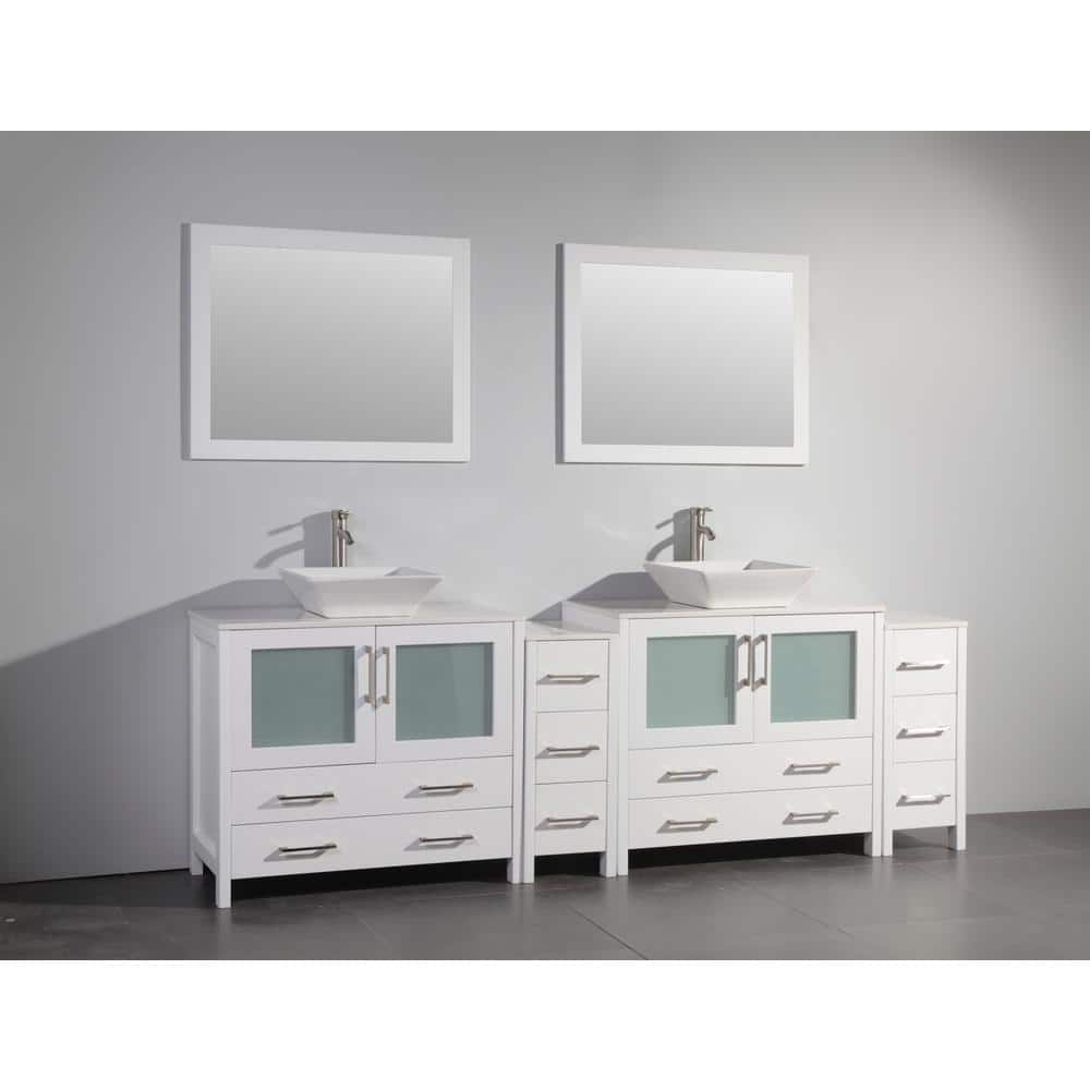 Vanity Art Ravenna 96 in. W Bathroom Vanity in White with Double Basin in White Engineered Marble Top and Mirrors